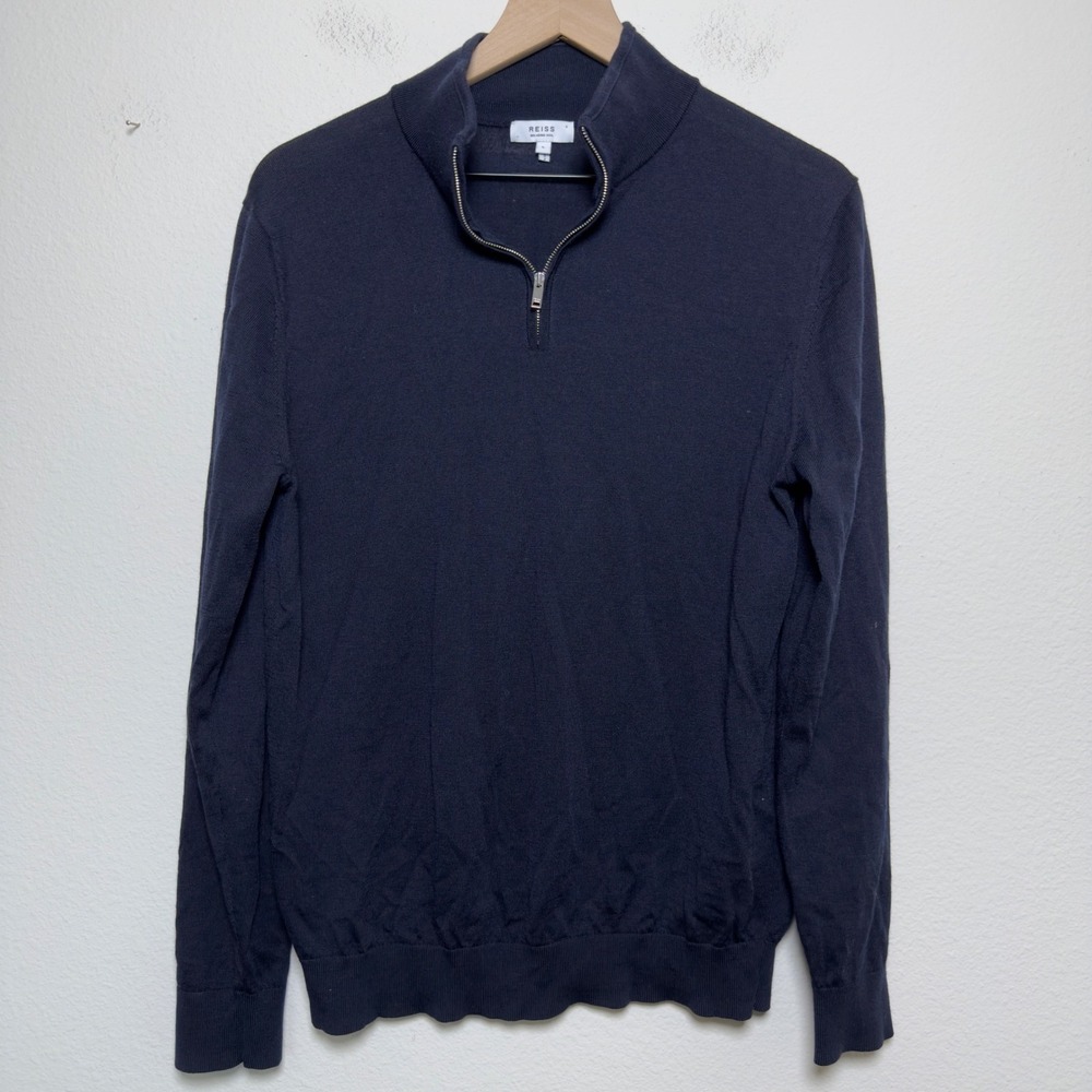 Reiss Men Merino Extra‎ Fine Wool Half Zip Funnel Neck Sweater Large Navy Blue